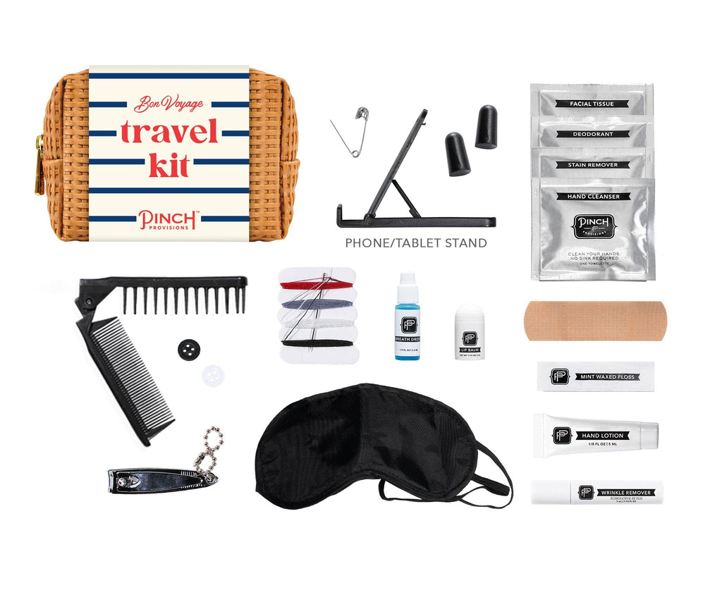 Bon Voyage Emergency Travel Kit | French-inspired, basketweave vegan leather pouch holds 18 essentials for taking your travels to the next level