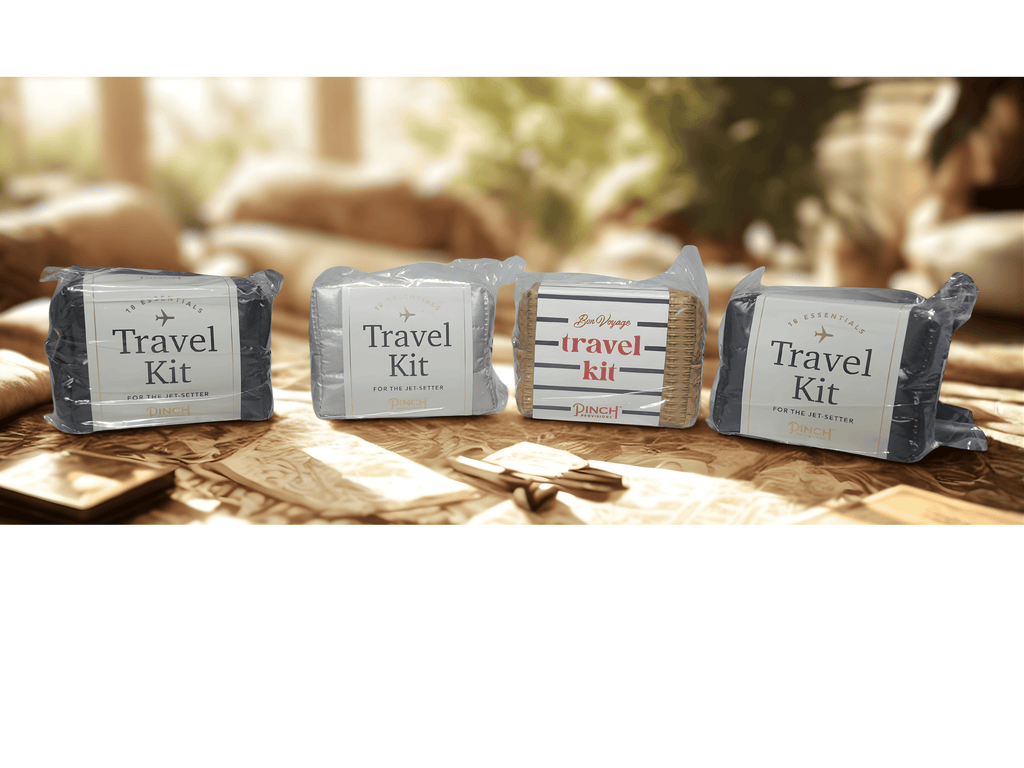 Bon Voyage Emergency Travel Kit | French-inspired, basketweave vegan leather pouch holds 18 essentials for taking your travels to the next level