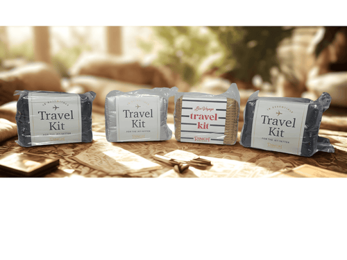 Bon Voyage Emergency Travel Kit | French-inspired, basketweave vegan leather pouch holds 18 essentials for taking your travels to the next level