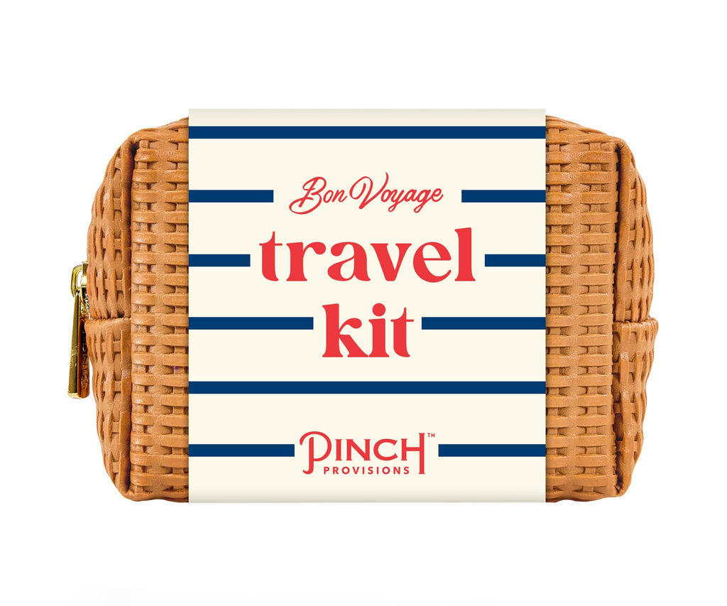 Bon Voyage Emergency Travel Kit | French-inspired, basketweave vegan leather pouch holds 18 essentials for taking your travels to the next level